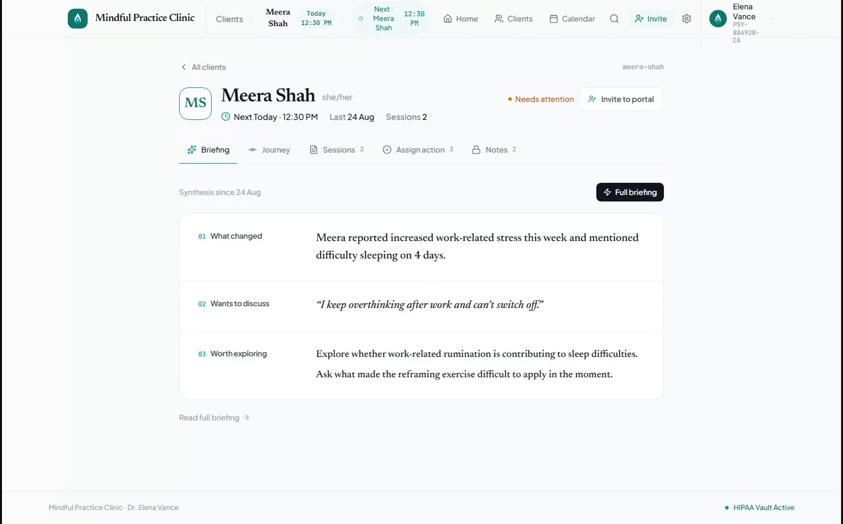 Unclinq therapist dashboard — the pre-session briefing for a client: what changed this week, what they want to discuss, and what's worth exploring.