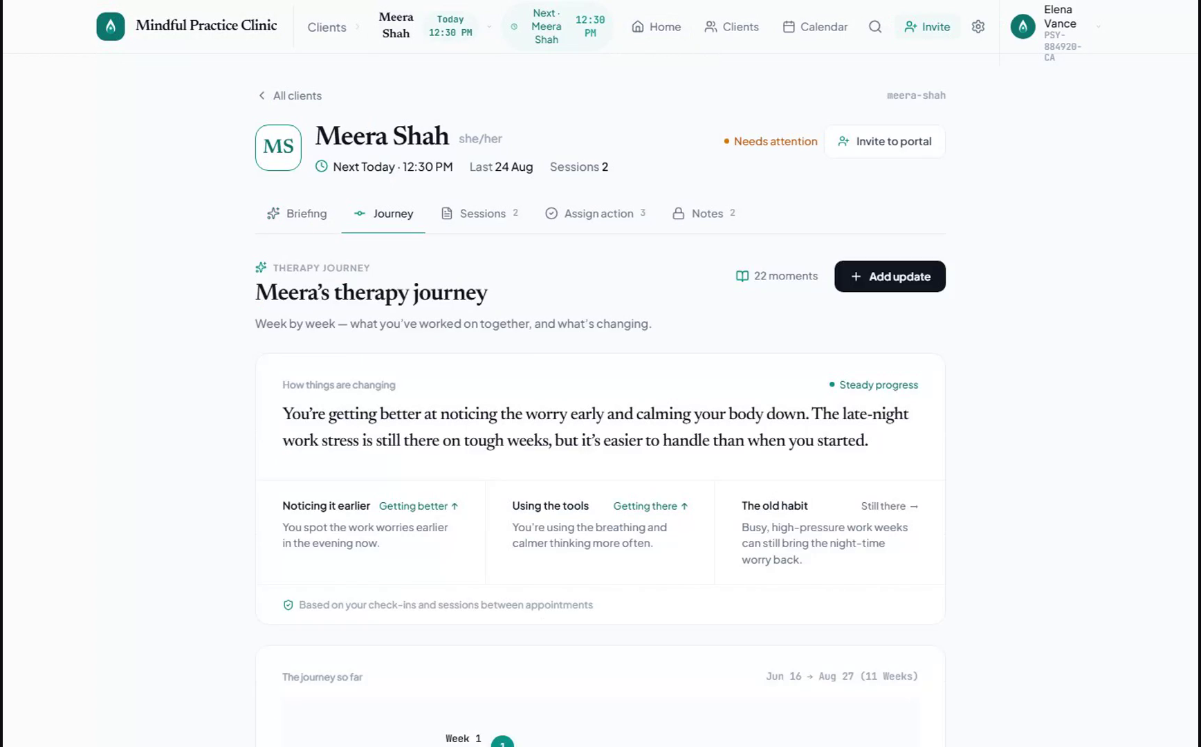 Unclinq therapist dashboard — the client's therapy journey, week by week, showing how things are changing over time.