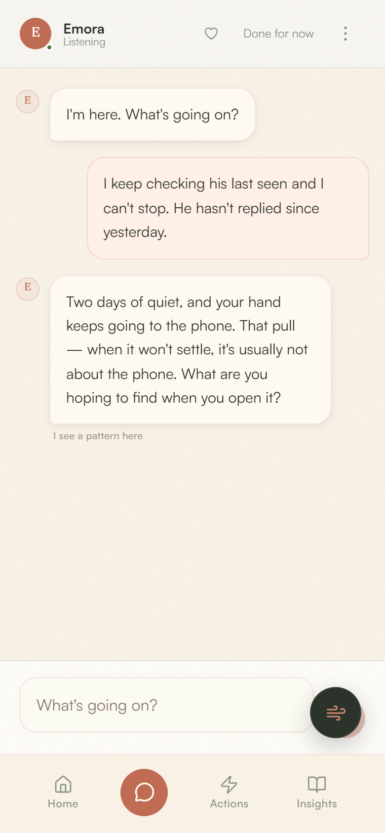 A calm one-to-one conversation with Emora, the Unclinq AI coach