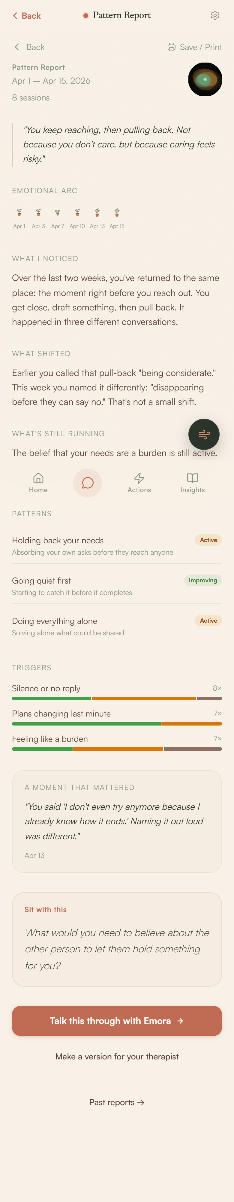 A written Pattern Report: a plain-language read of the loop you keep repeating